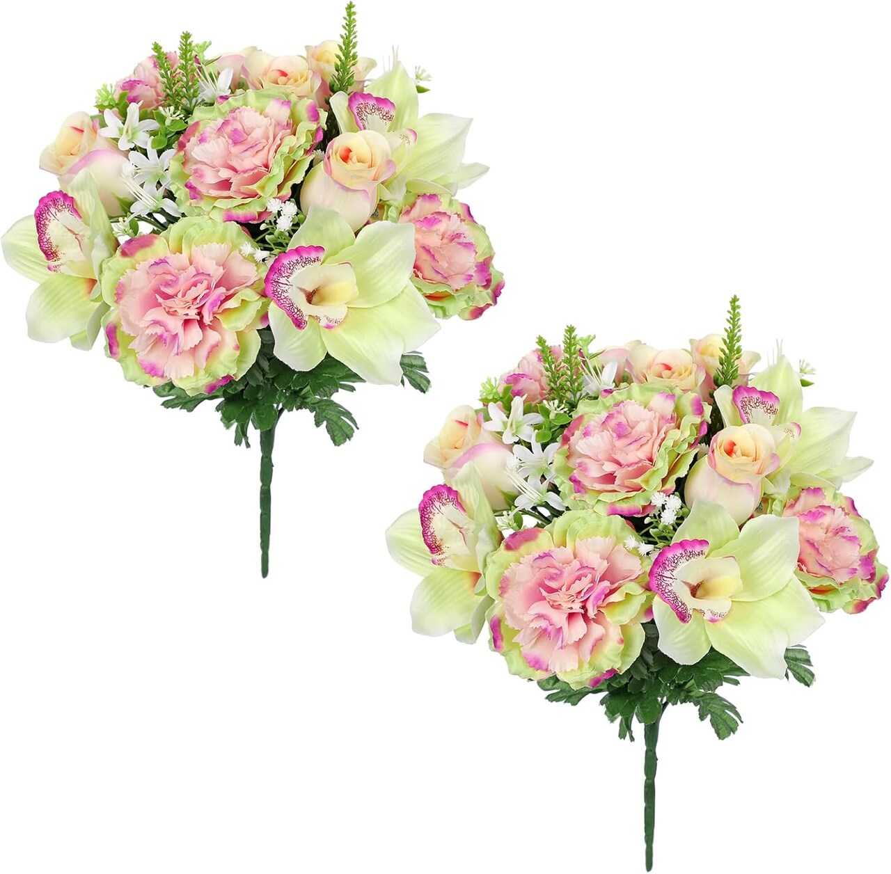 Artificial Flowers Bouquet – 2 Pack Faux Silk Roses, Carnations & Orchids, Mixed Floral Arrangement for Home, Office, Memorial, and Cemetery Decoration